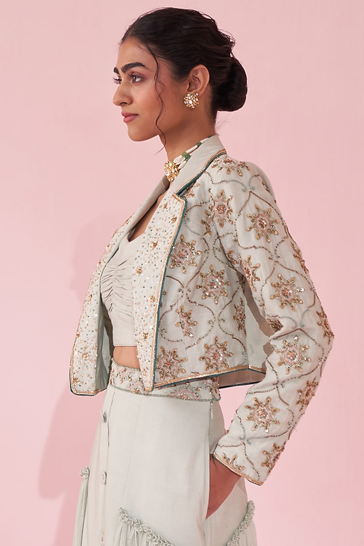 Pale Blue Katan & Georgette Sequin Jacket Wedding Lehenga Set by Studio Bagechaa at Pernia's Pop Up Shop