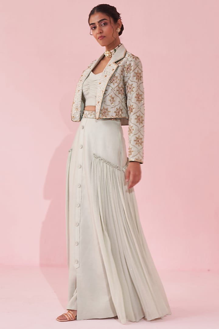 Pale Blue Katan & Georgette Sequin Jacket Wedding Lehenga Set by Studio Bagechaa at Pernia's Pop Up Shop