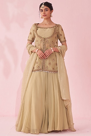 Green Chanderi Jacket Lehenga Set by Studio Bagechaa