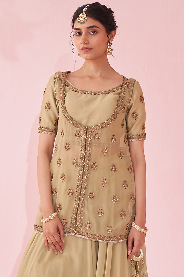Green Chanderi Jacket Wedding Lehenga Set by Studio Bagechaa at Pernia's Pop Up Shop