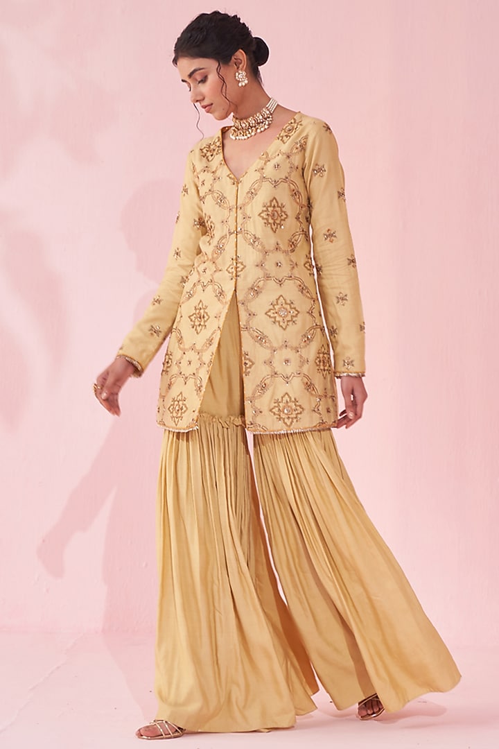 Yellow Katan Party Wear Sharara Set by Studio Bagechaa at Pernia's Pop Up Shop