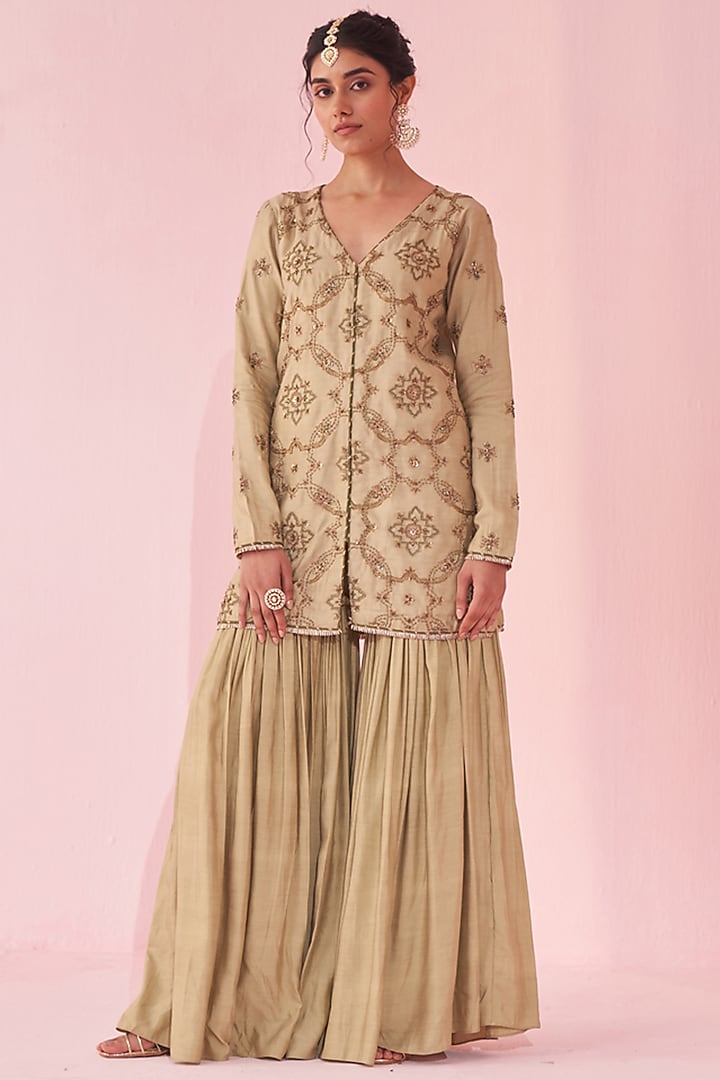 Green Katan Party Wear Sharara Set by Studio Bagechaa at Pernia's Pop Up Shop