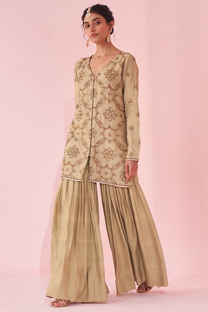Green Katan Party Wear Sharara Set by Studio Bagechaa at Pernia's Pop Up Shop