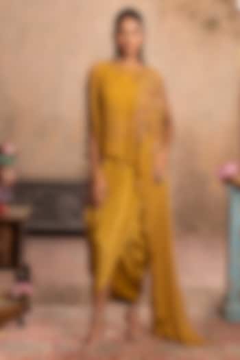 Greenish Yellow Crepe Draped Dhoti Set by Studio Bagechaa at Pernia's Pop Up Shop