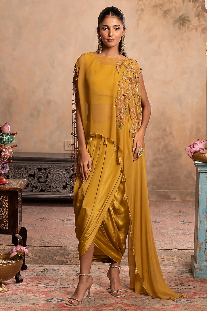 Greenish Yellow Crepe Draped Dhoti Set by Studio Bagechaa at Pernia's Pop Up Shop