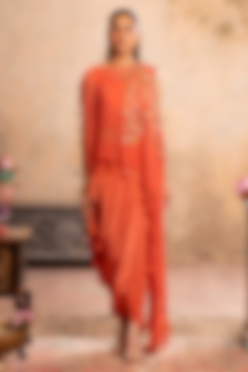 Peach Orange Crepe Draped Dhoti Set by Studio Bagechaa at Pernia's Pop Up Shop