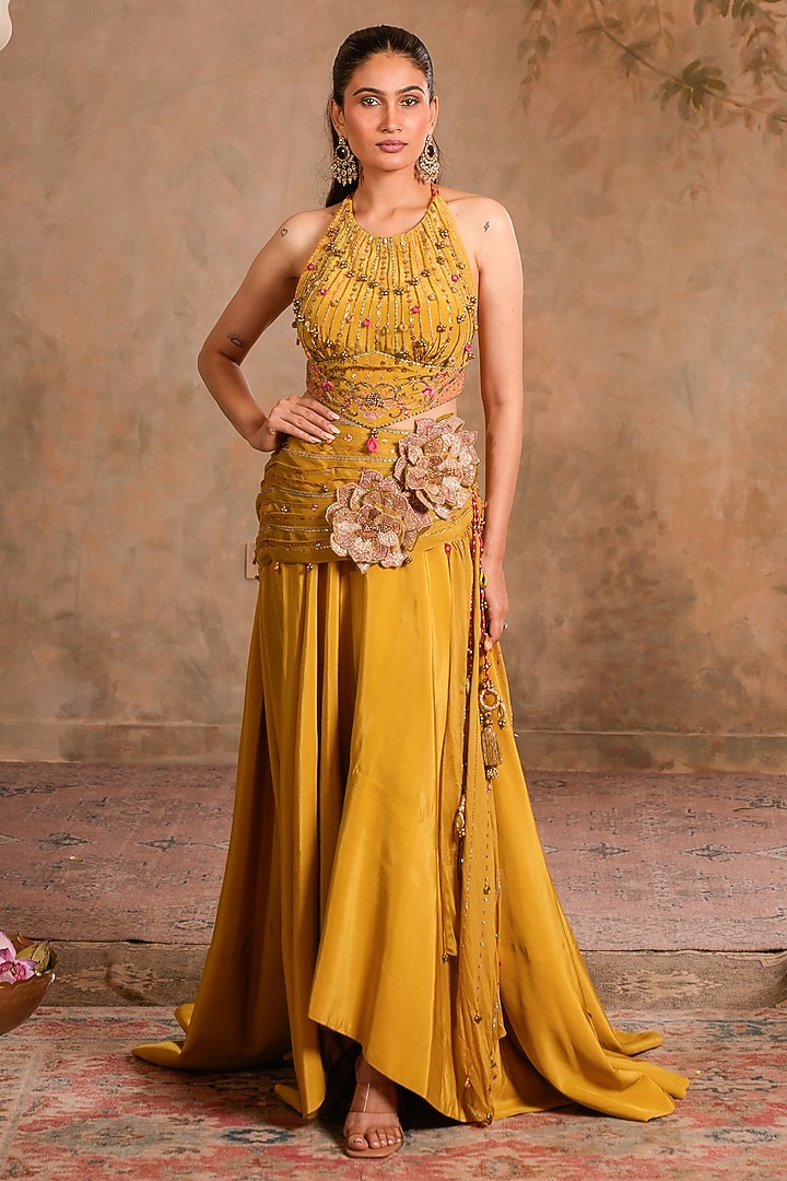 Greenish Yellow Dola Silk Floral Embroidered Draped Wedding Lehenga Set by Studio Bagechaa at Pernia's Pop Up Shop
