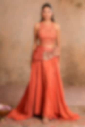 Peach Orange Dola Silk Floral Embroidered Draped Wedding Lehenga Set by Studio Bagechaa at Pernia's Pop Up Shop