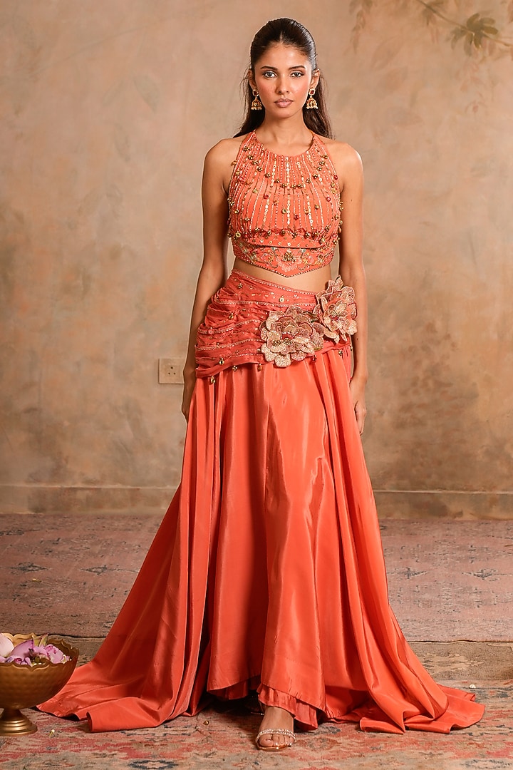 Peach Orange Dola Silk Floral Embroidered Draped Wedding Lehenga Set by Studio Bagechaa at Pernia's Pop Up Shop