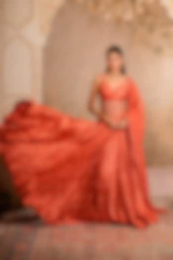 Peach Orange Dola Silk Wedding Lehenga Set by Studio Bagechaa at Pernia's Pop Up Shop
