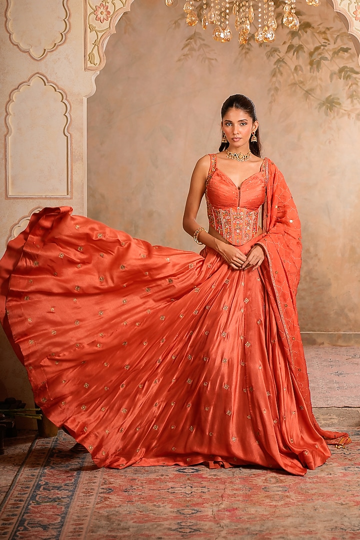 Peach Orange Dola Silk Wedding Lehenga Set by Studio Bagechaa at Pernia's Pop Up Shop
