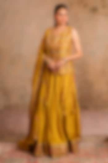 Greenish Yellow Dola Silk Embroidered Wedding Lehenga Set by Studio Bagechaa at Pernia's Pop Up Shop