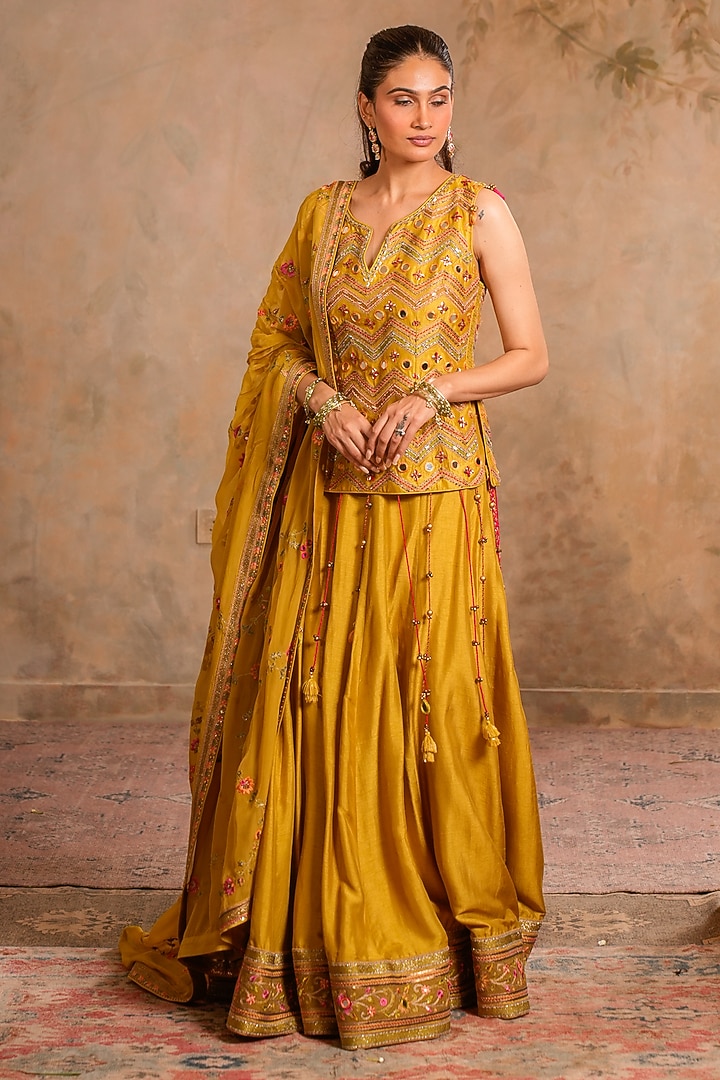 Greenish Yellow Dola Silk Embroidered Wedding Lehenga Set by Studio Bagechaa at Pernia's Pop Up Shop