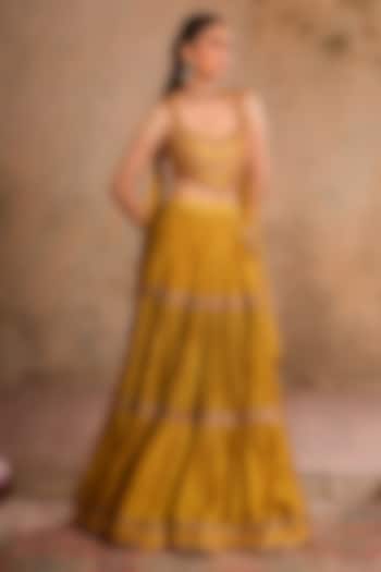 Greenish Yellow Dola Silk Embroidered Tiered Wedding Lehenga Set by Studio Bagechaa at Pernia's Pop Up Shop