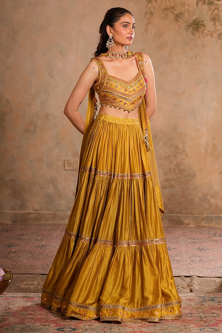 Greenish Yellow Dola Silk Embroidered Tiered Wedding Lehenga Set by Studio Bagechaa at Pernia's Pop Up Shop