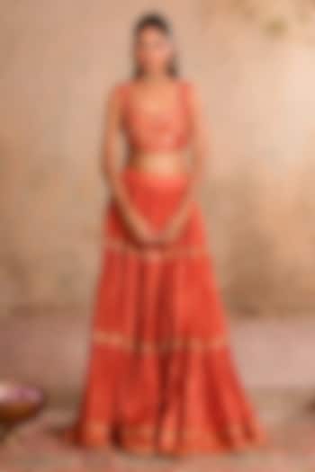 Peach Orange Dola Silk Embroidered Tiered Wedding Lehenga Set by Studio Bagechaa at Pernia's Pop Up Shop