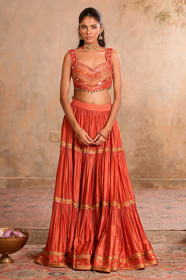 Peach Orange Dola Silk Embroidered Tiered Wedding Lehenga Set by Studio Bagechaa at Pernia's Pop Up Shop