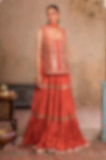 Peach Orange Dola Silk Tiered Skirt Set by Studio Bagechaa at Pernia's Pop Up Shop