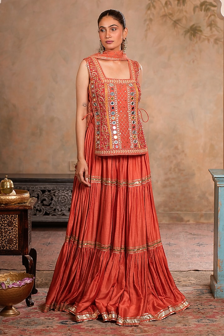 Peach Orange Dola Silk Tiered Skirt Set by Studio Bagechaa at Pernia's Pop Up Shop