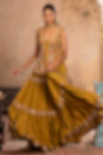 Greenish Yellow Dola Silk Tiered Skirt Set by Studio Bagechaa at Pernia's Pop Up Shop