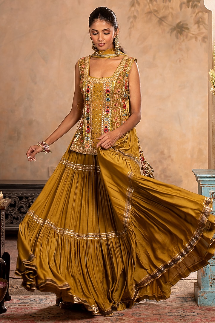 Greenish Yellow Dola Silk Tiered Skirt Set by Studio Bagechaa at Pernia's Pop Up Shop