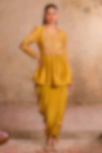 Greenish Yellow Crepe Draped Dhoti Set by Studio Bagechaa at Pernia's Pop Up Shop
