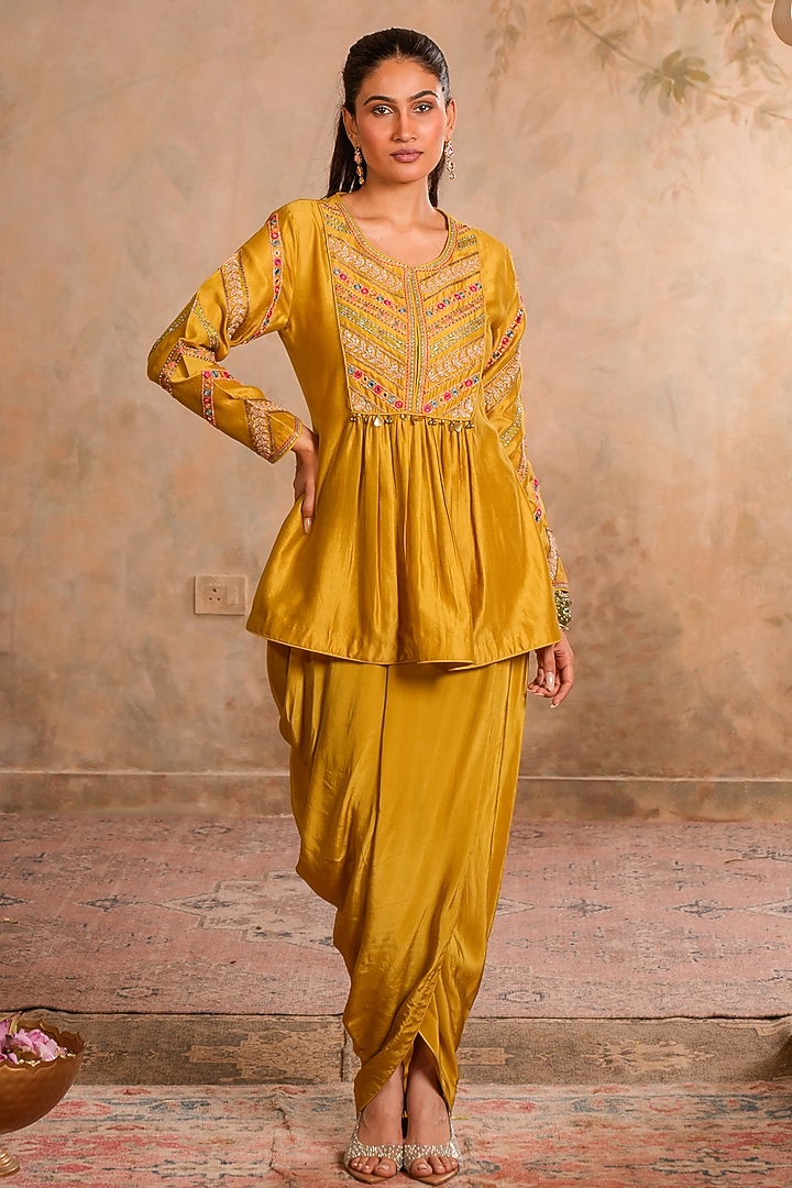 Greenish Yellow Crepe Draped Dhoti Set by Studio Bagechaa at Pernia's Pop Up Shop