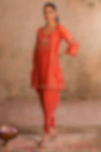 Peach Orange Crepe Tulip Dhoti Set by Studio Bagechaa at Pernia's Pop Up Shop