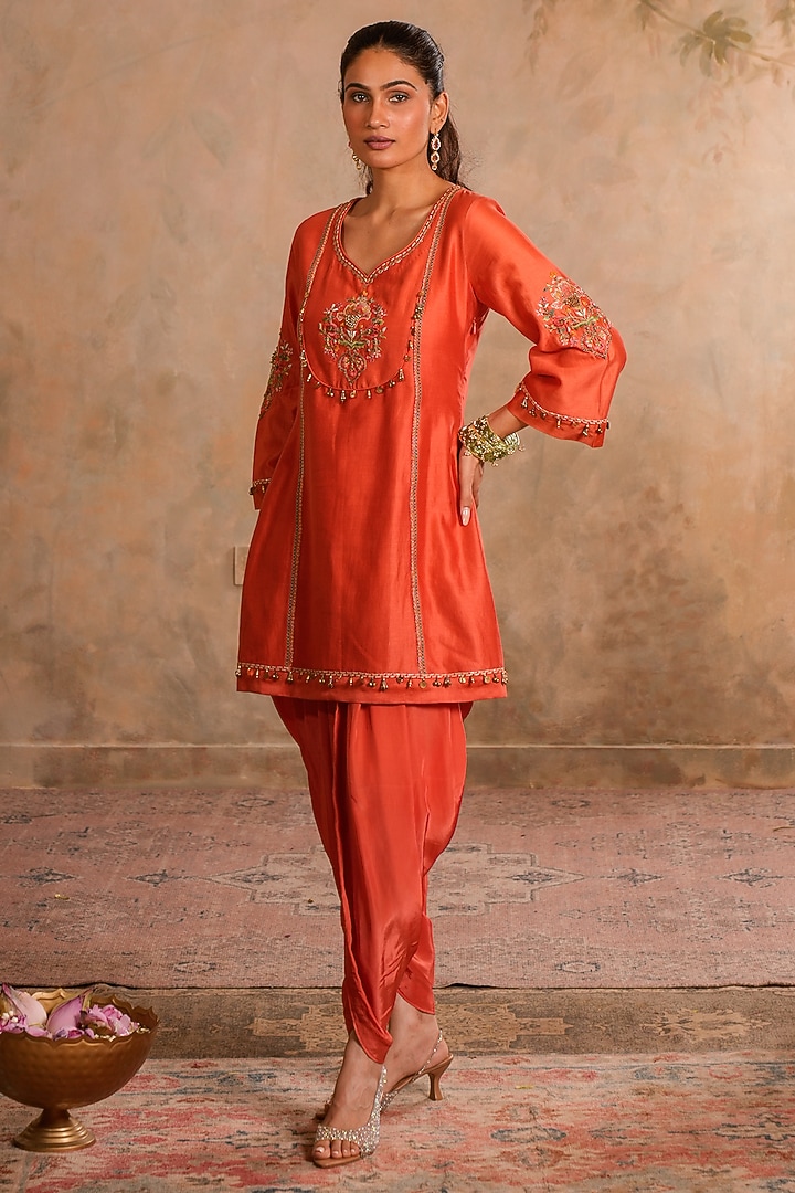 Peach Orange Crepe Tulip Dhoti Set by Studio Bagechaa at Pernia's Pop Up Shop