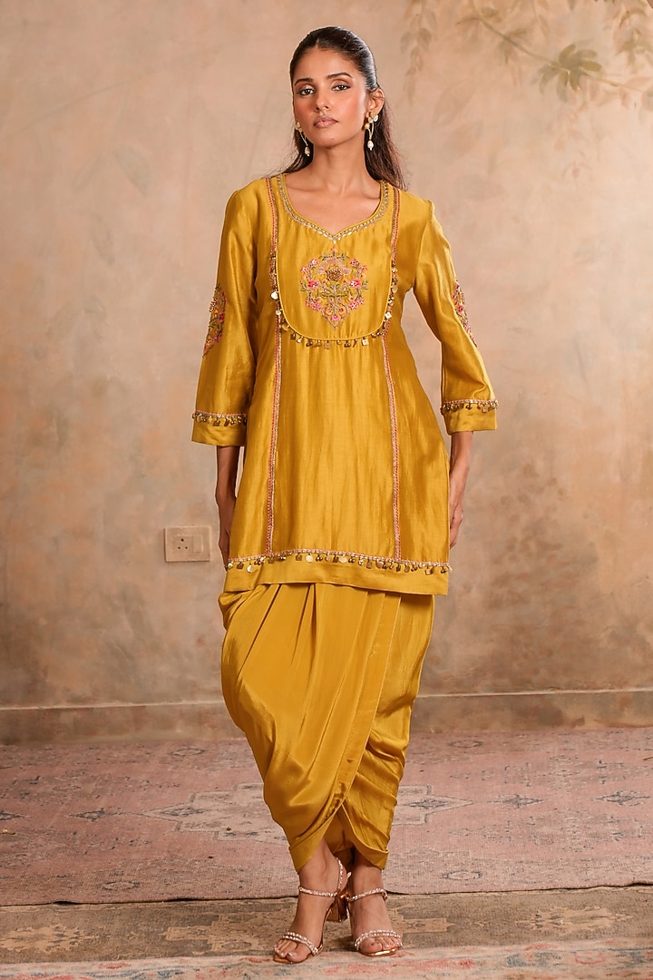 Greenish Yellow Crepe Tulip Dhoti Set by Studio Bagechaa at Pernia's Pop Up Shop