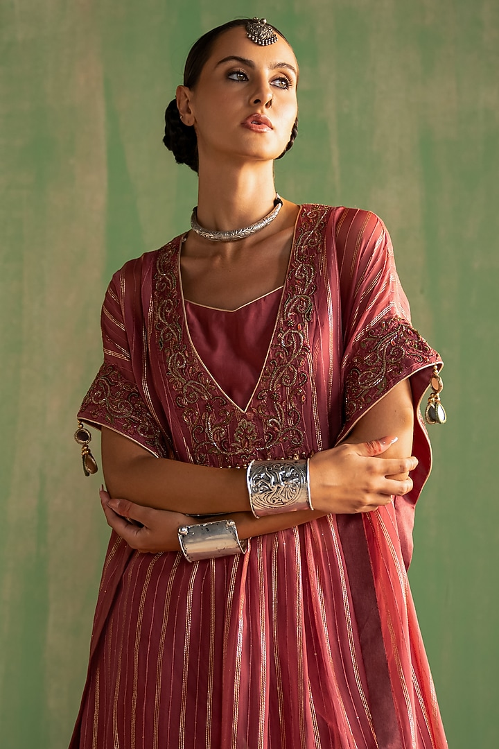 Mauve Pink Organza Lurex Mirror Hand Embroidered Kaftan Set by Studio Bagechaa at Pernia's Pop Up Shop