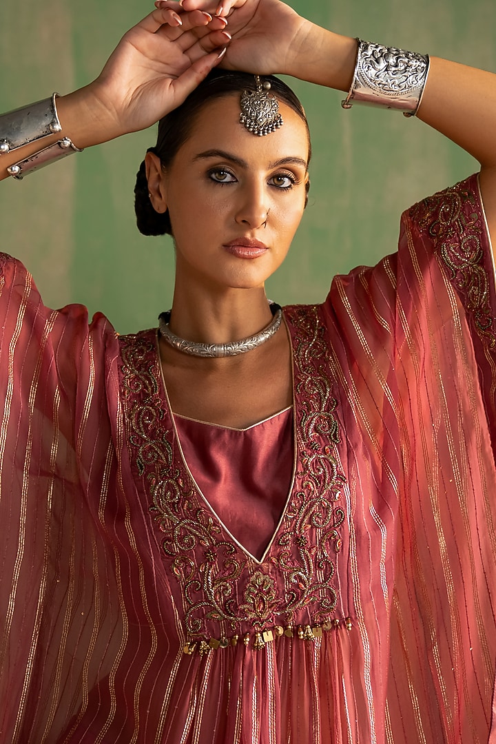 Mauve Pink Organza Lurex Mirror Hand Embroidered Kaftan Set by Studio Bagechaa at Pernia's Pop Up Shop