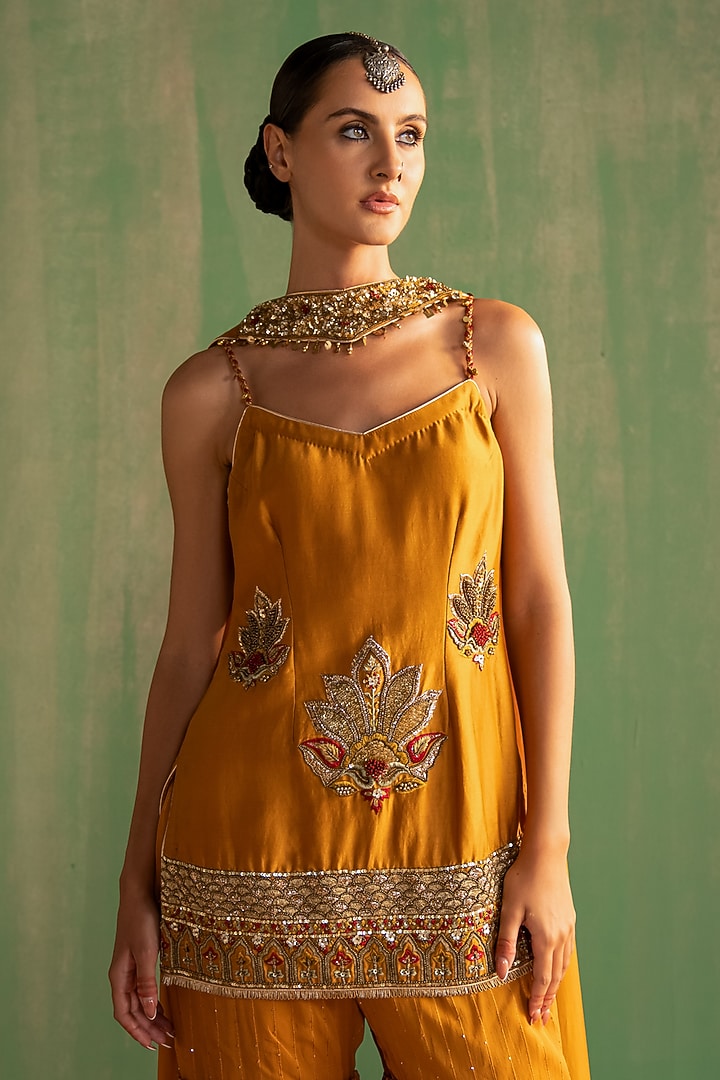 Mustard Chanderi Wedding Sharara Set by Studio Bagechaa at Pernia's Pop Up Shop
