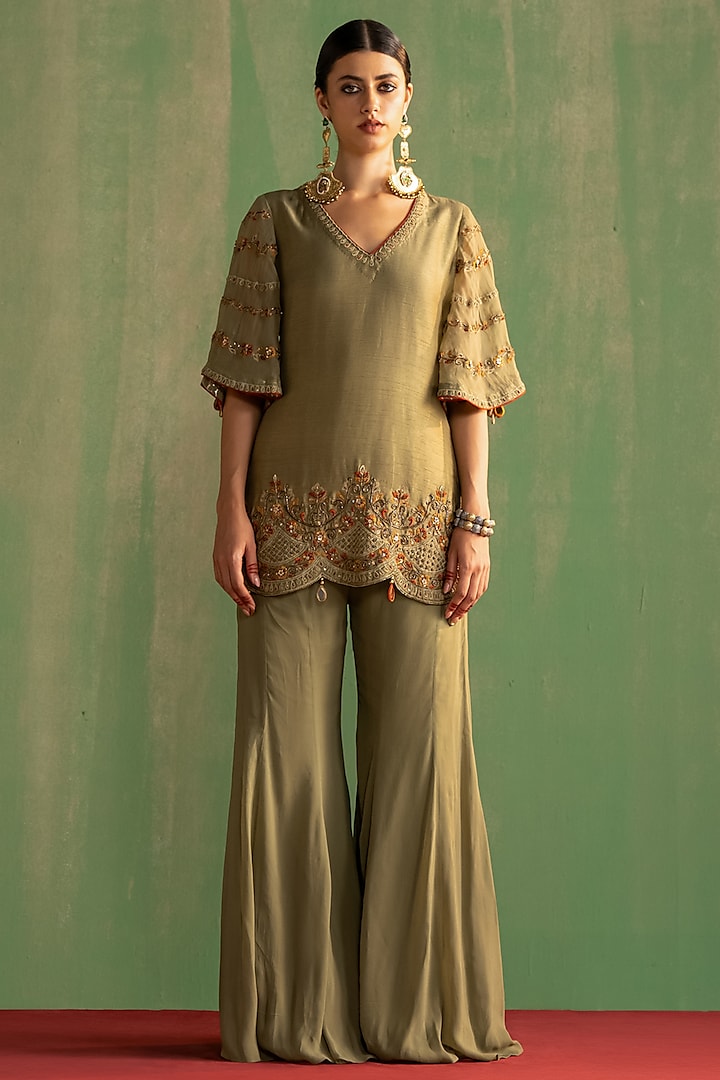 Green Fine Silk Gharara Set by Studio Bagechaa at Pernia's Pop Up Shop