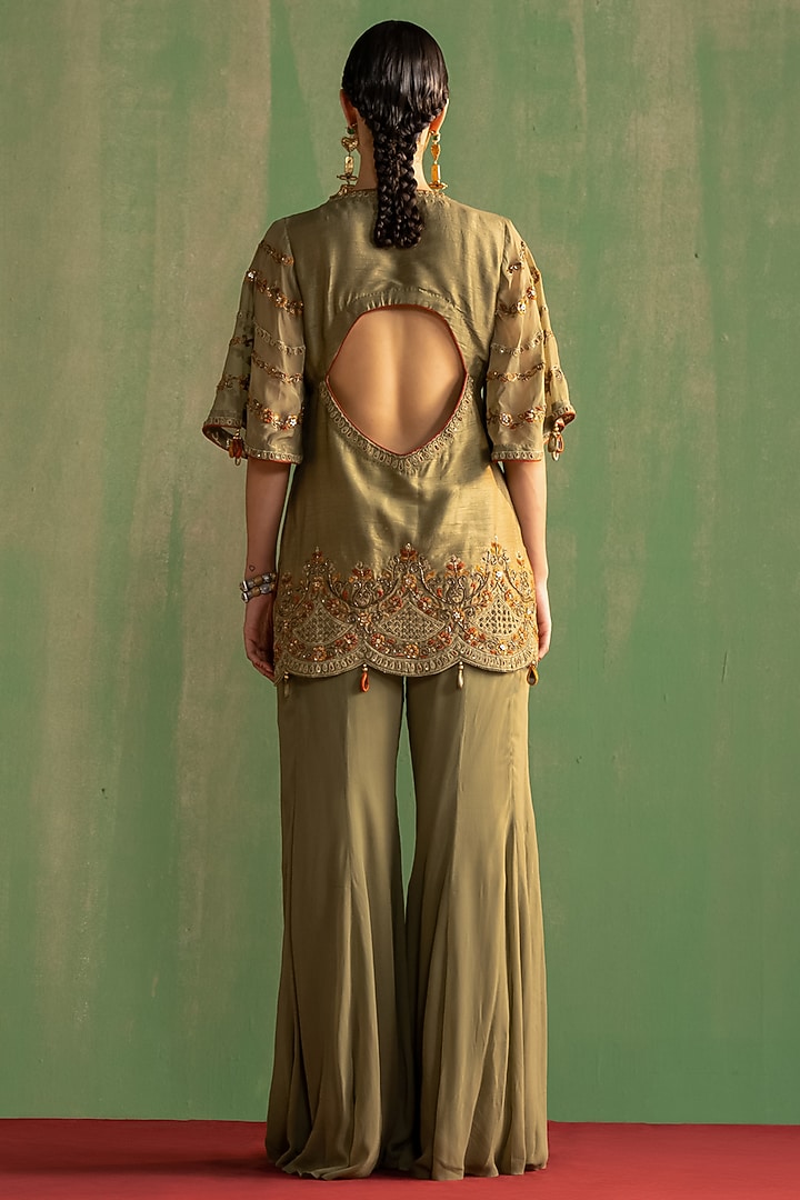 Green Fine Silk Gharara Set by Studio Bagechaa at Pernia's Pop Up Shop