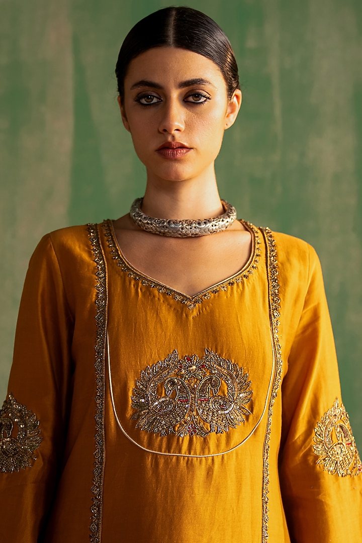 Mustard Chanderi Hand Embroidered Short Kurta Set by Studio Bagechaa at Pernia's Pop Up Shop