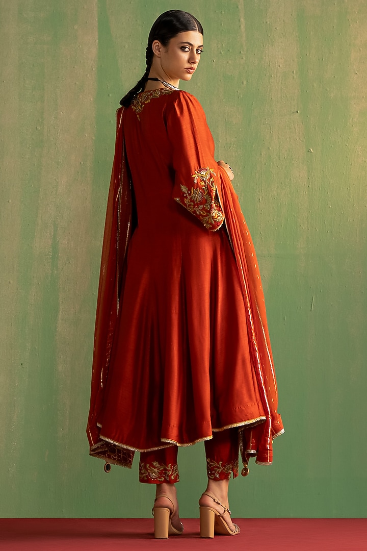Rust Fine Silk Hand Work Wedding Anarkali Set by Studio Bagechaa at Pernia's Pop Up Shop