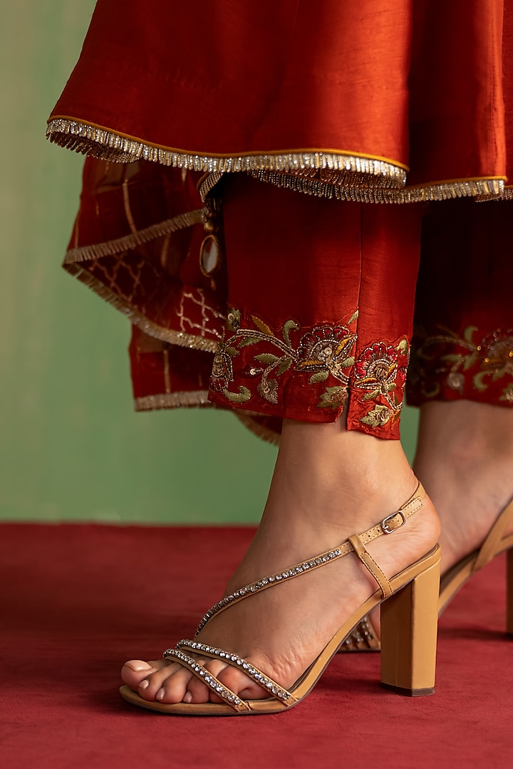 Rust Fine Silk Hand Work Wedding Anarkali Set by Studio Bagechaa at Pernia's Pop Up Shop