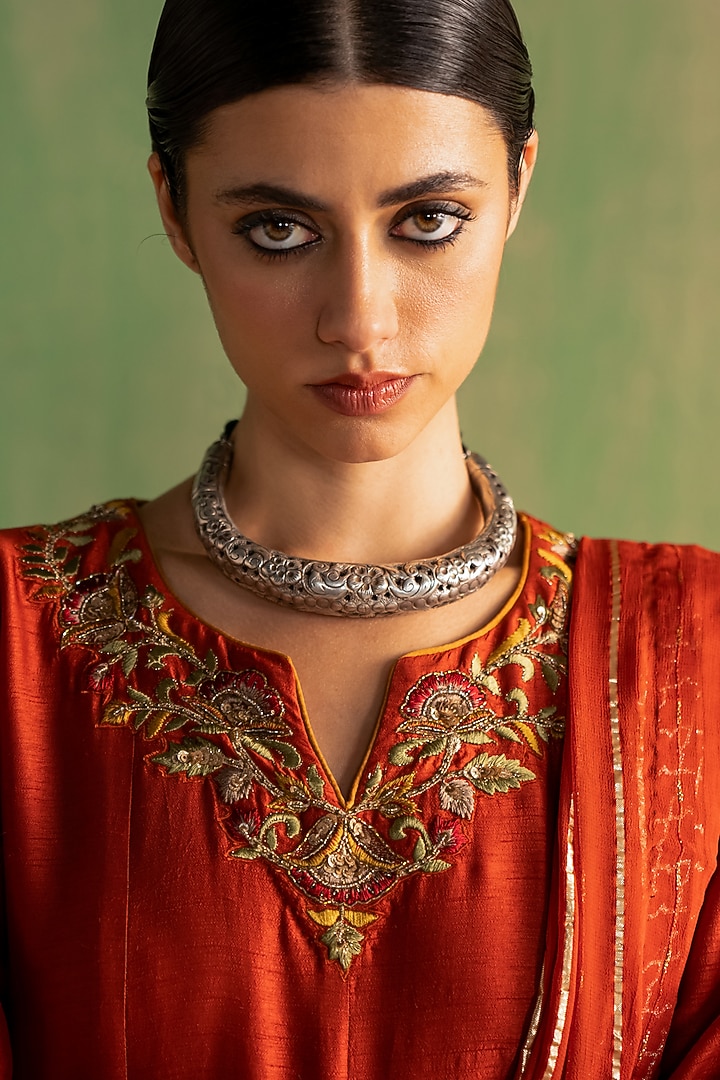 Rust Fine Silk Hand Work Wedding Anarkali Set by Studio Bagechaa at Pernia's Pop Up Shop
