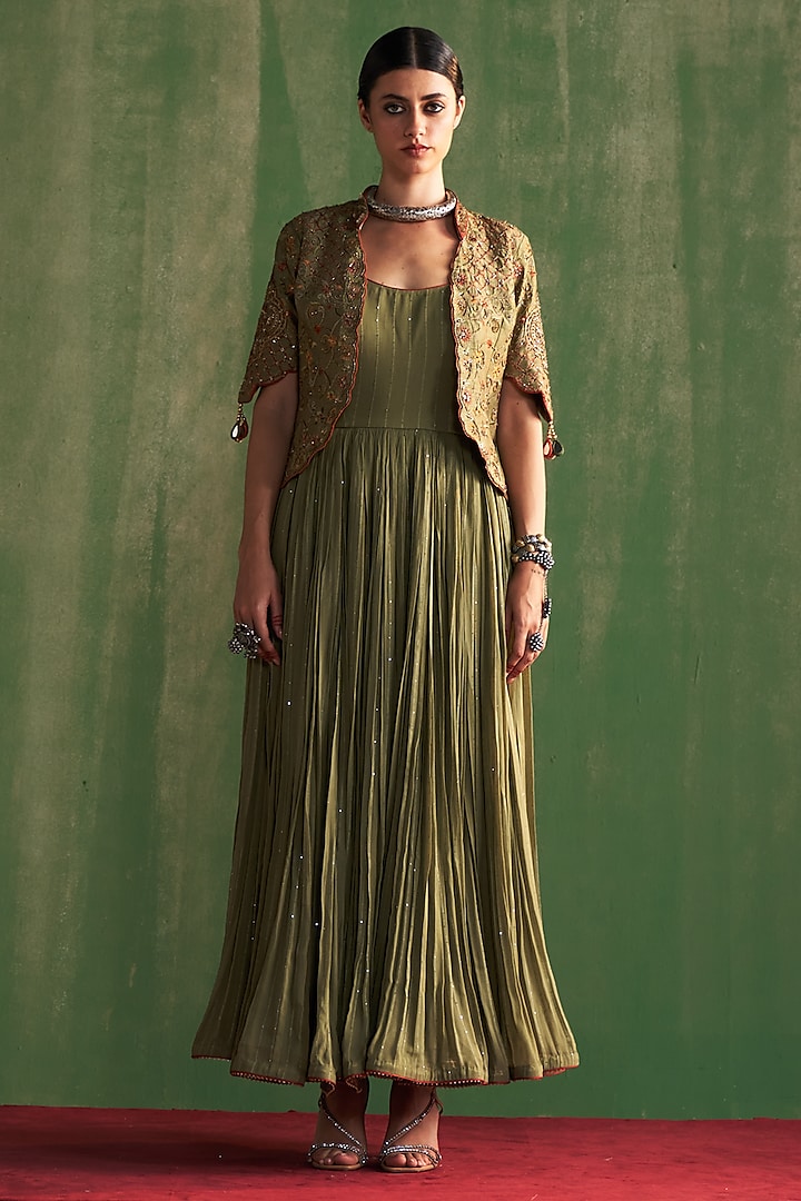 Green Fine Silk Anarkali With Embroidered Jacket by Studio Bagechaa at Pernia's Pop Up Shop