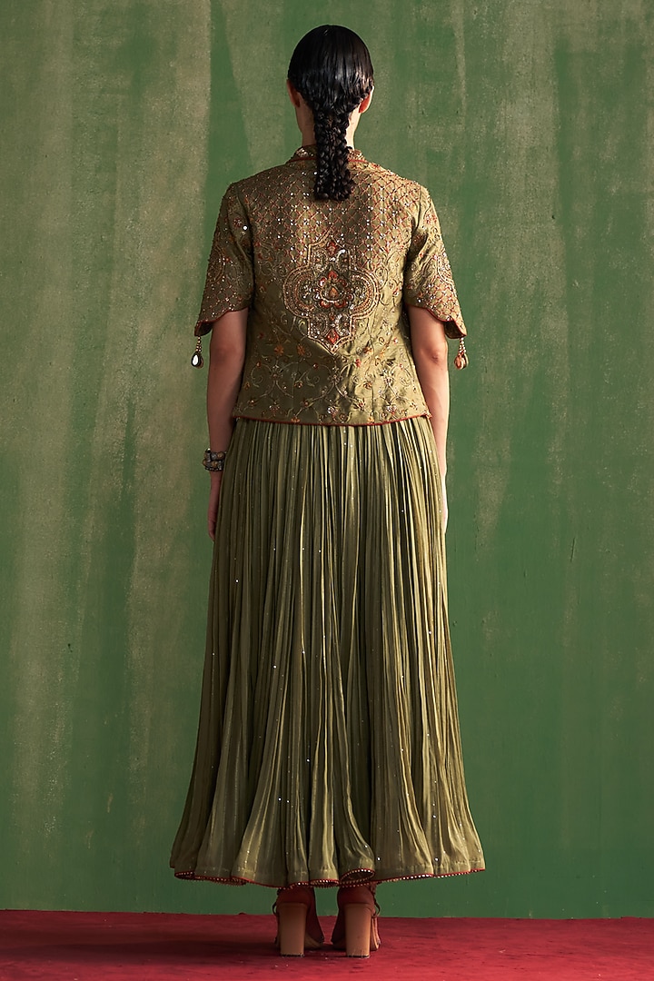 Green Fine Silk Wedding Anarkali With Embroidered Jacket by Studio Bagechaa at Pernia's Pop Up Shop