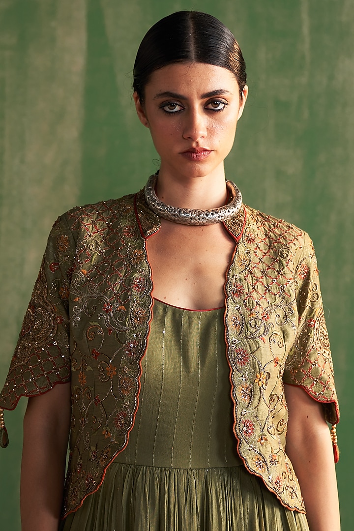 Green Fine Silk Wedding Anarkali With Embroidered Jacket by Studio Bagechaa at Pernia's Pop Up Shop