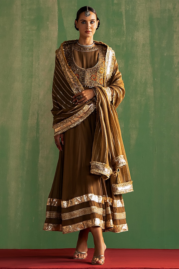 Brown Fine Silk Embroidered Anarkali Set by Studio Bagechaa at Pernia's Pop Up Shop