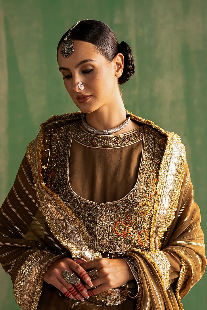 Brown Fine Silk Embroidered Wedding Anarkali Set by Studio Bagechaa at Pernia's Pop Up Shop