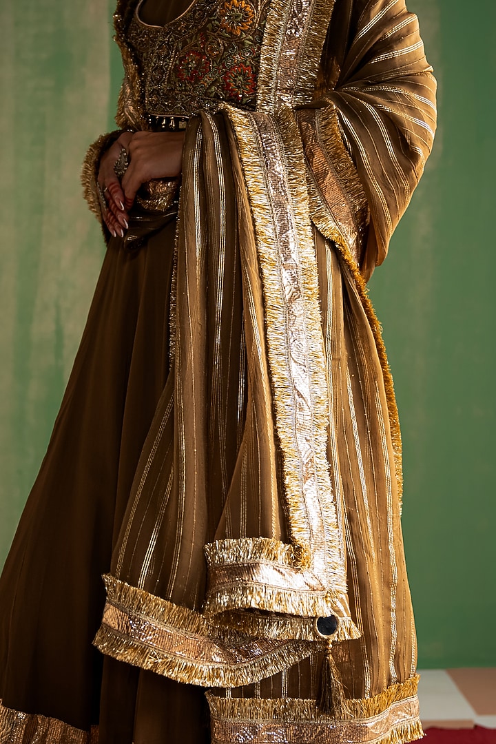 Brown Fine Silk Embroidered Wedding Anarkali Set by Studio Bagechaa at Pernia's Pop Up Shop