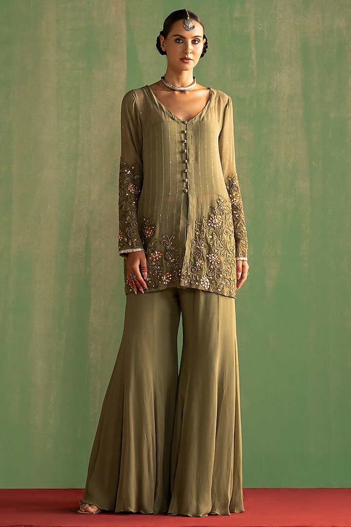 Green Georgette Gharara Set by Studio Bagechaa at Pernia's Pop Up Shop