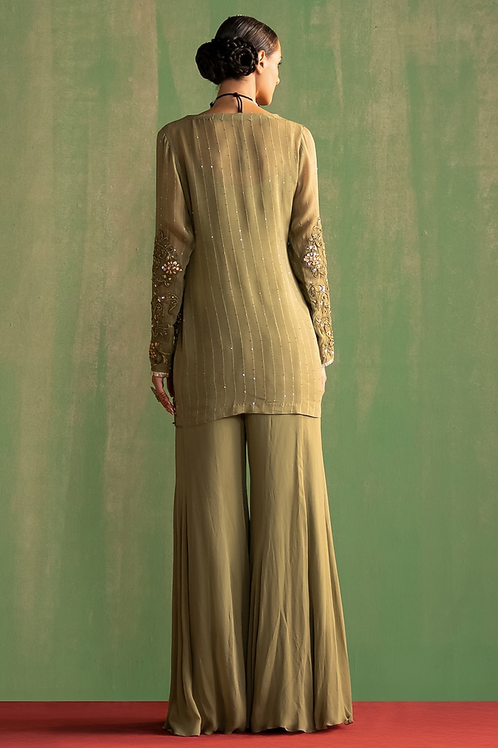 Green Georgette Gharara Set by Studio Bagechaa at Pernia's Pop Up Shop