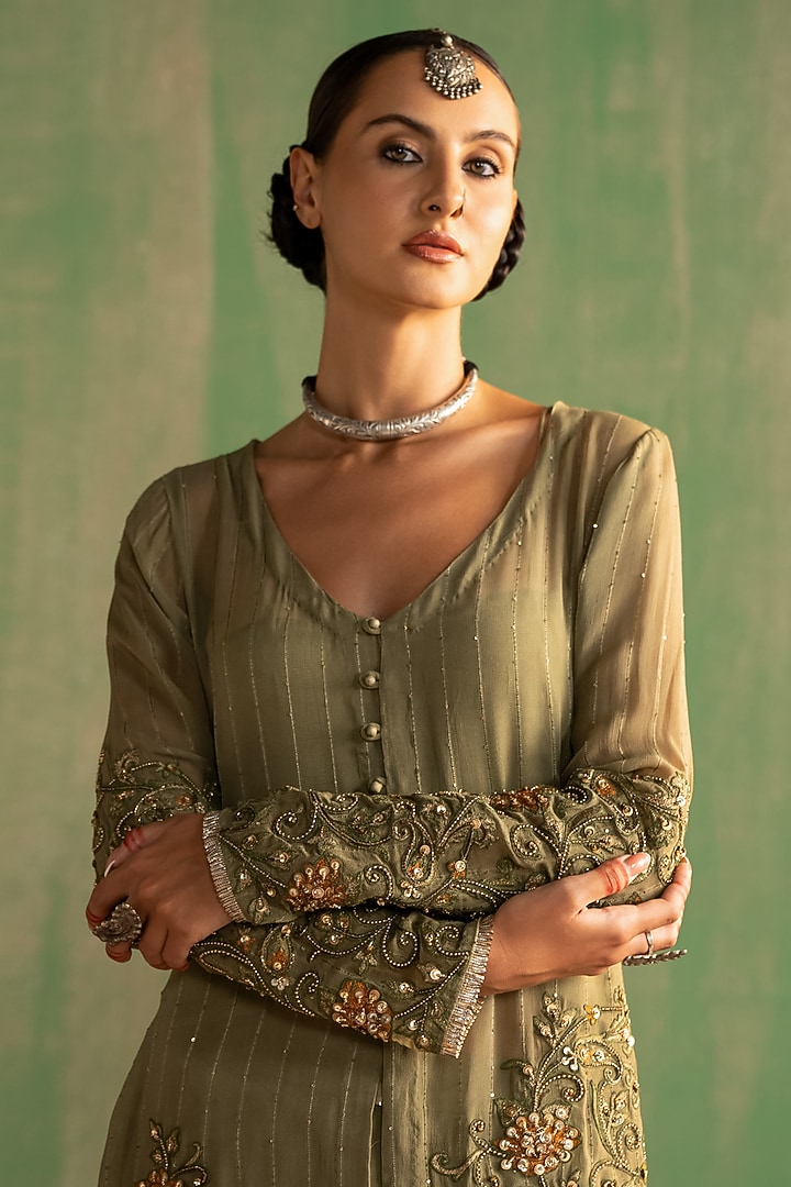 Green Georgette Gharara Set by Studio Bagechaa at Pernia's Pop Up Shop