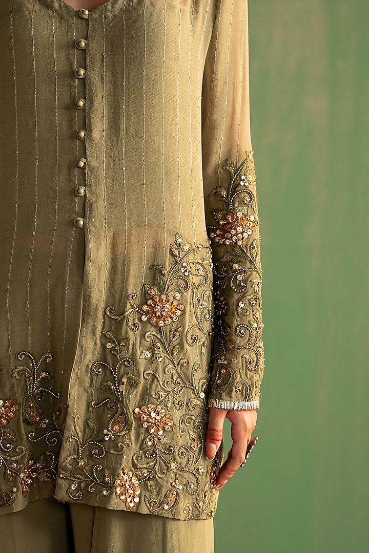 Green Georgette Gharara Set by Studio Bagechaa at Pernia's Pop Up Shop