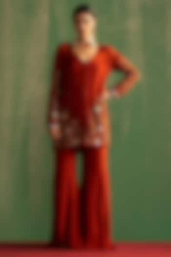 Rust Georgette Gharara Set by Studio Bagechaa at Pernia's Pop Up Shop